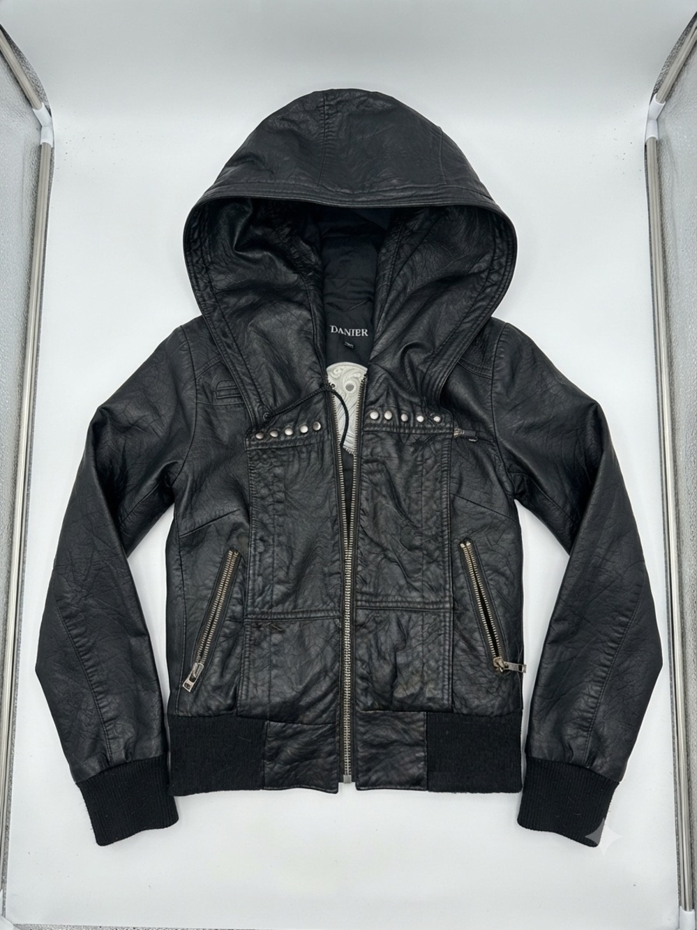 Danier unisex Black Hooded biker core  indie sleeze Leather Jacket
